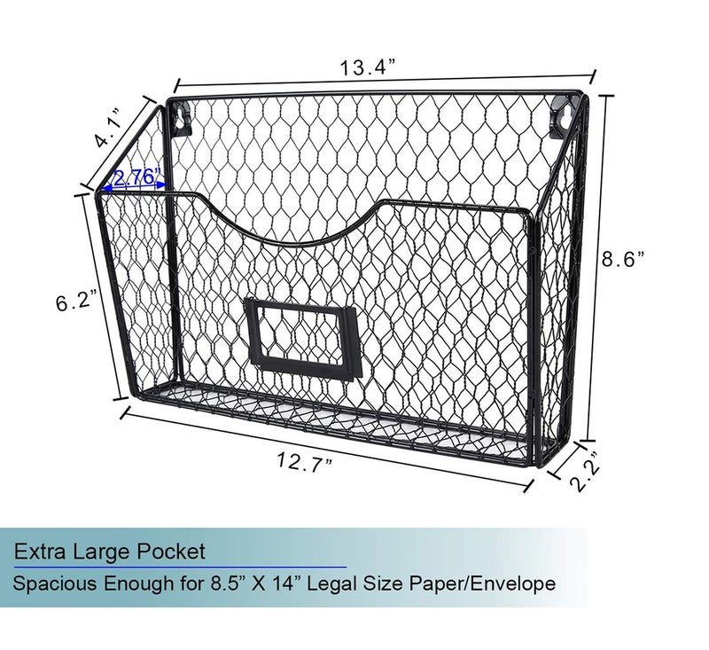 PAG 6 Pockets Hanging File Holder Wall Mount Mail Organizer Metal Chicken Wire Magazine Rack with Tag Slot, Black - Image 4